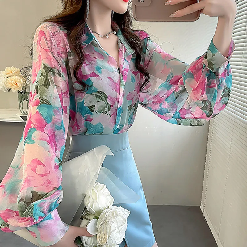 Women Clothing Korean Style Chic Print Shirts Spring Summer Elegant Fashion Polo-neck Long Sleeve Blouses Casual Loose Thin Tops