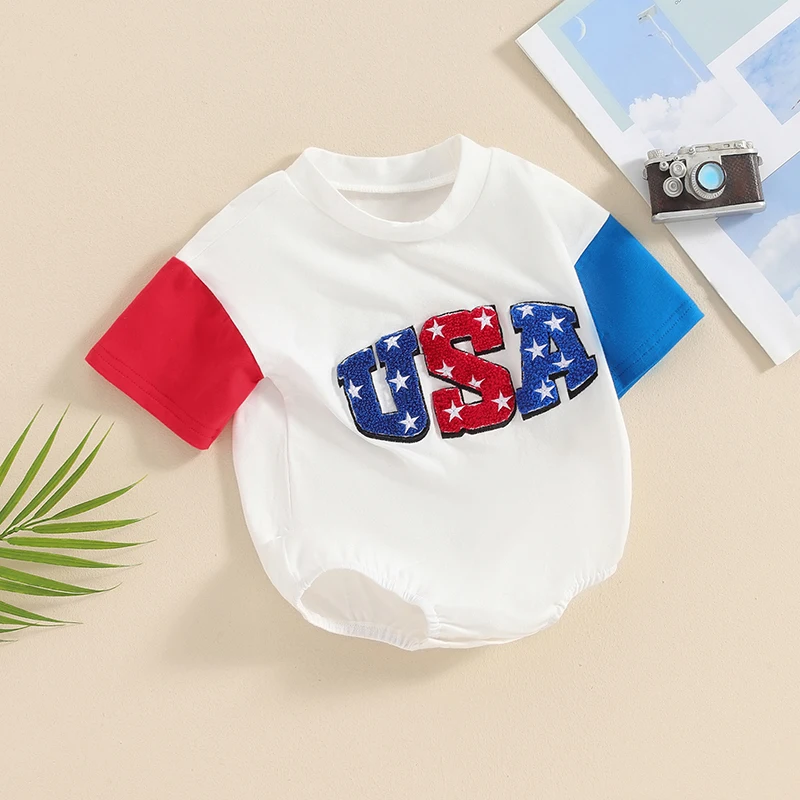 2024-03-06 Lioraitiin Summer Baby Girls Boys 4th of July Clothes Short Sleeve O-Neck Letter Embroidery Bodysuit Infant Playsuit image 3