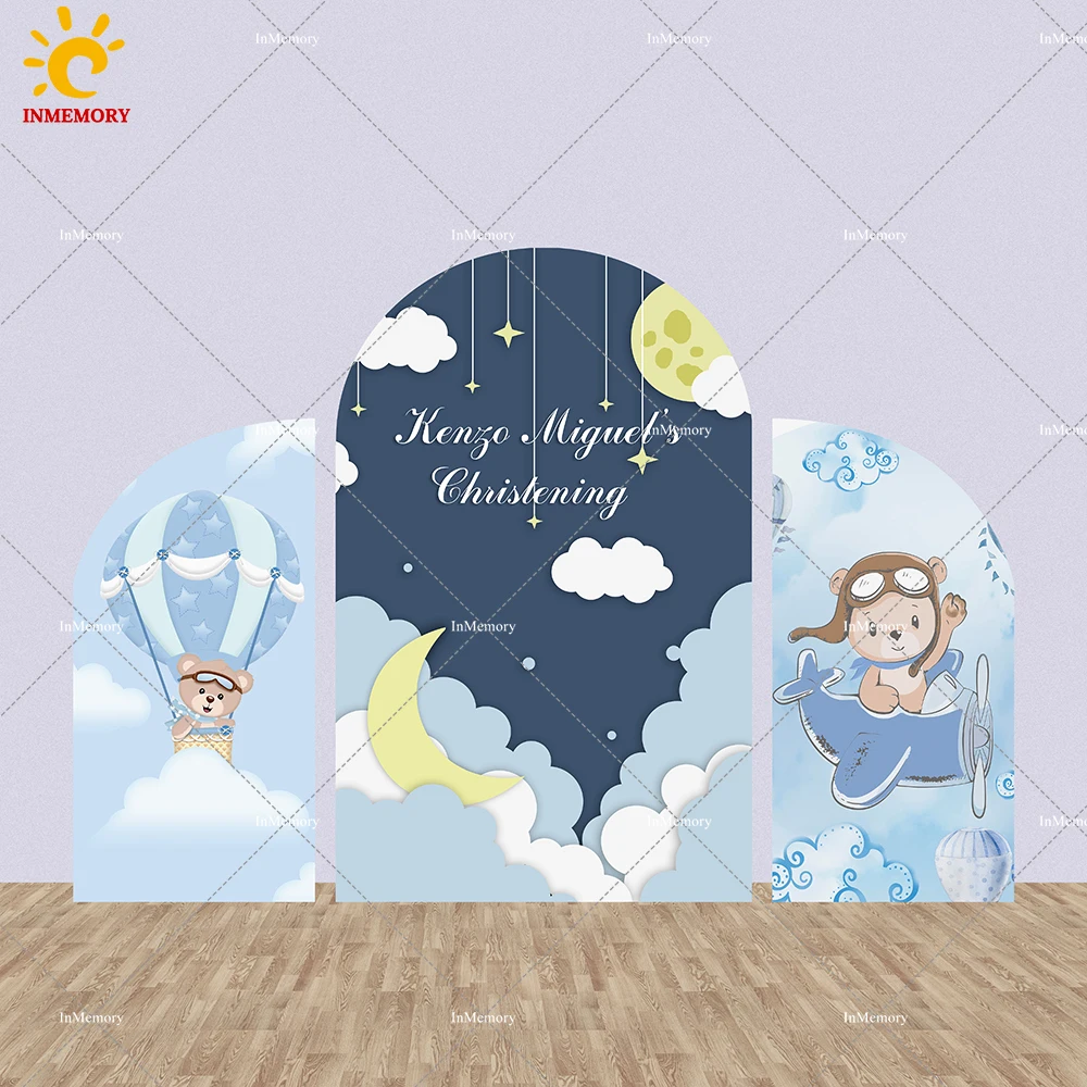 Blue Cartoon Bear Baby Shower Arch Cover Backdrop It's a Boy Prince Welcome Baby Hot Air Balloons Photography Background Wall