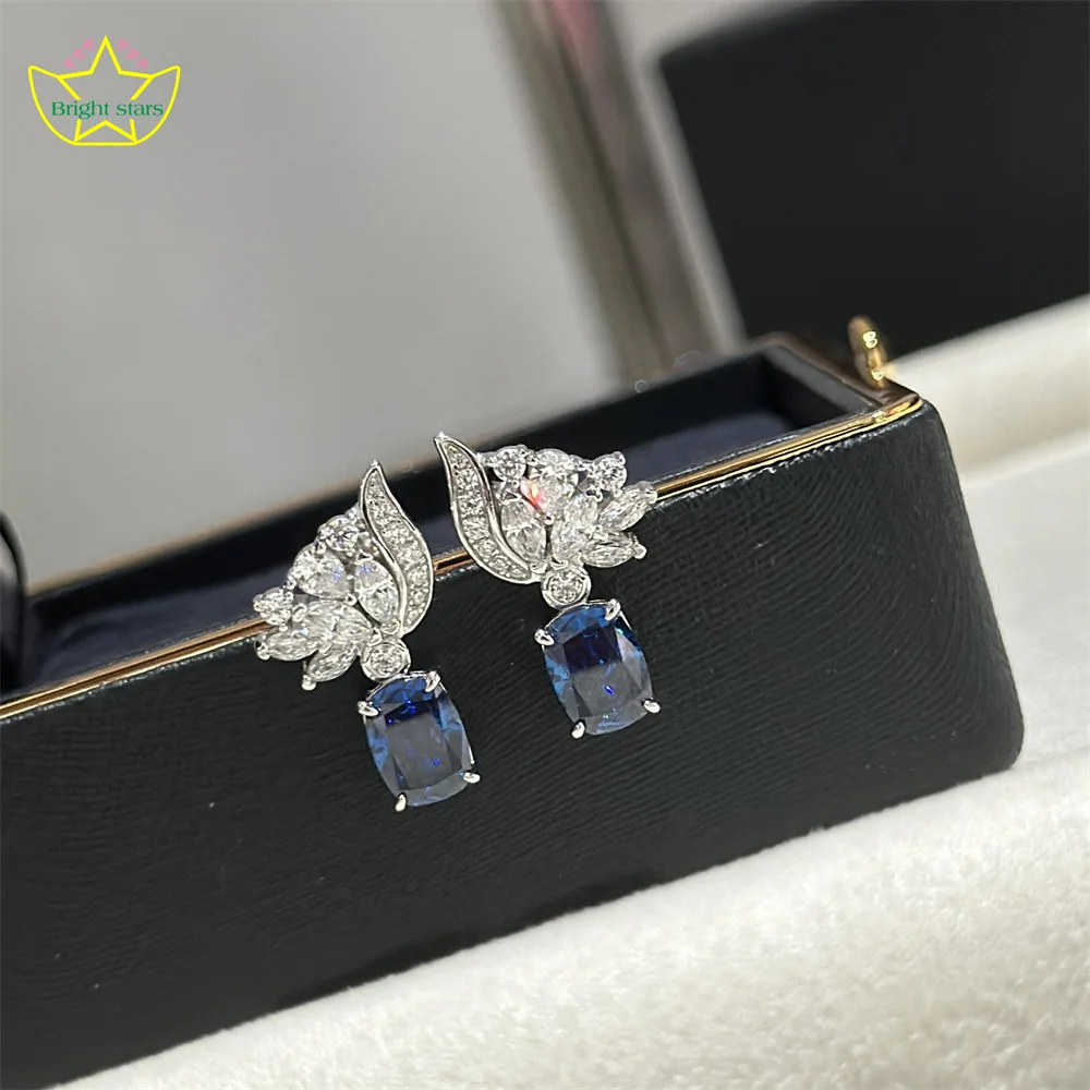

Bright Stars S925 sterling silver Feather sapphire square diamond stud earrings women's jewelry