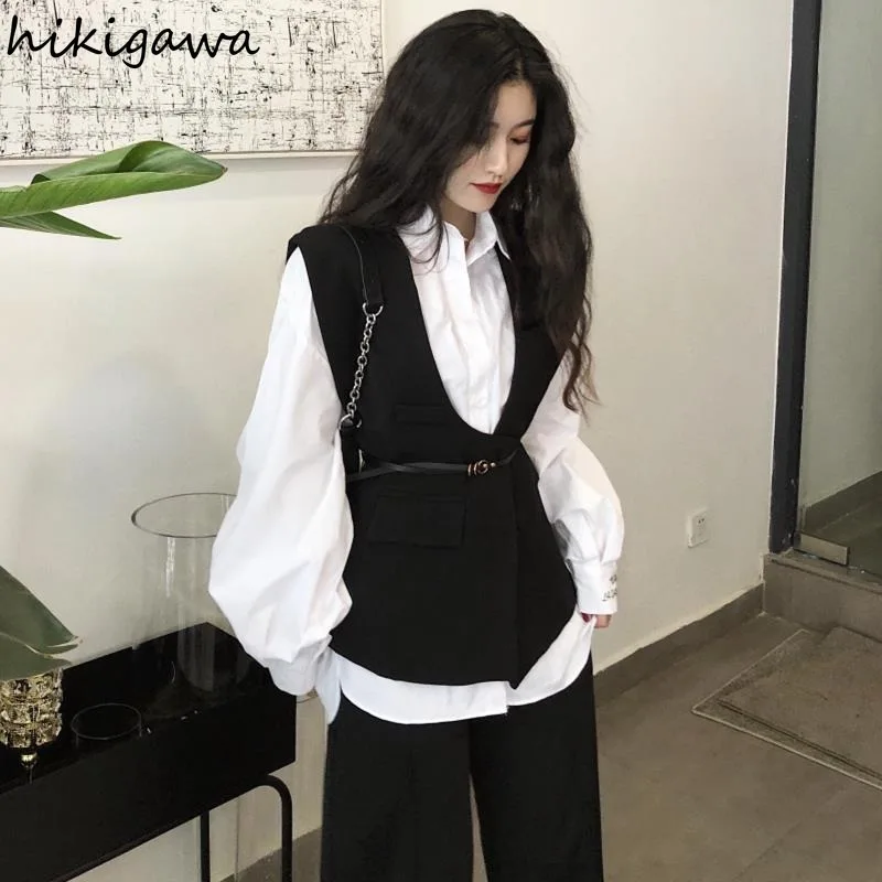 Korean Women's Clothing 2 Piece Sets Long Sleeve White Blouses V-neck Sleeveless Vintage Vest Coat Fashion Temperament Waistcoat