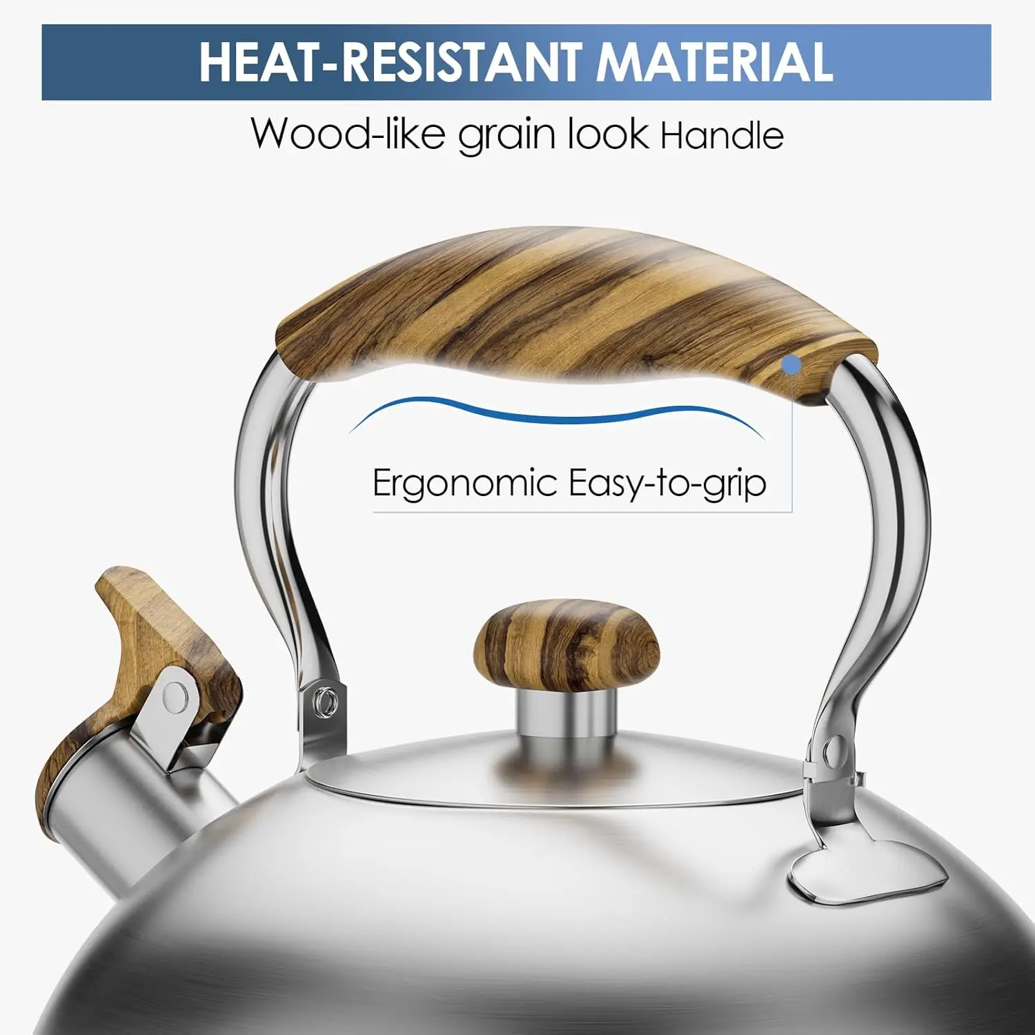 コンロ用ティーケトル、2.6クォートの笛吹きティーケトル、食品グレードのステンレス製ティーポット、木目模様付き