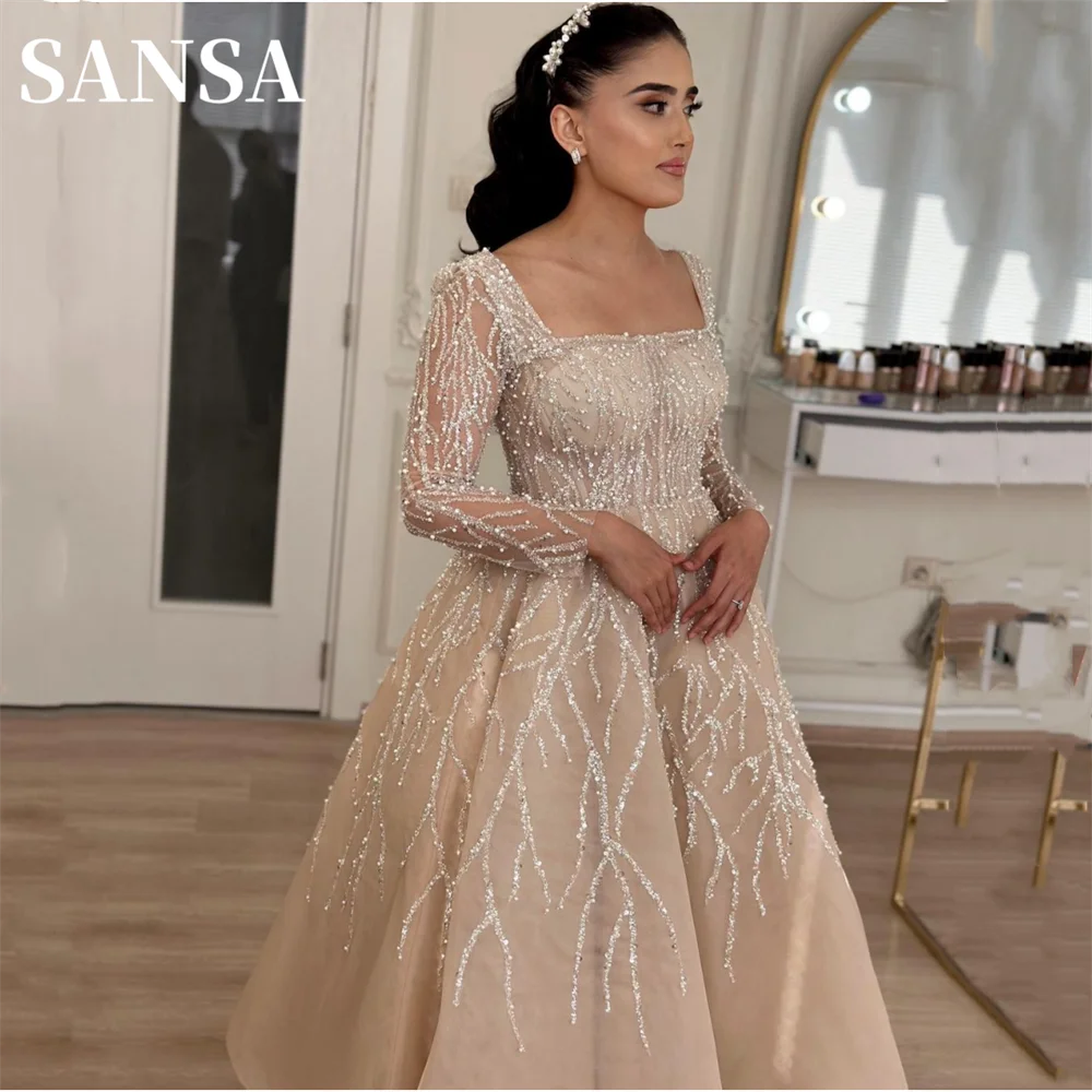 

Sansa Gliiter Sequins Long Sleeve فساتين السهرة Champagne Square Neck Ball Gown Prom Dress Exquisite A-line Vestidos De Noche