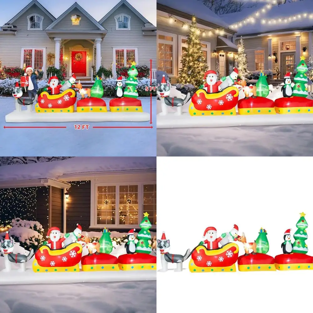 

12 футов надувное наружное рождественское украшение: Санта с санками для собак, снеговиком, пингвином, оленями, светодиодными фонарями