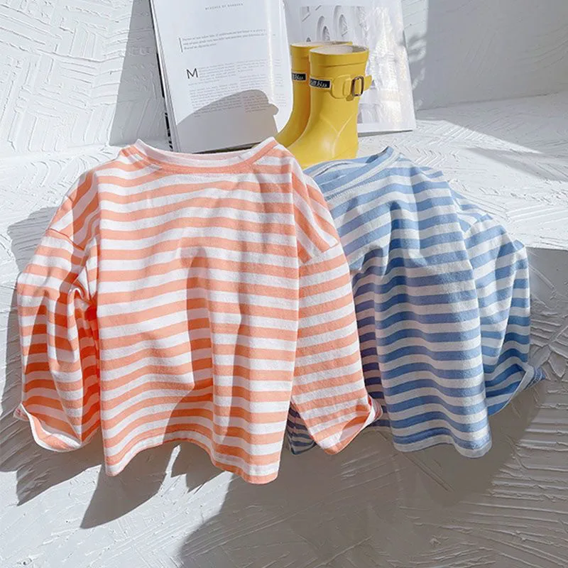 

Children's pure cotton striped base top spring and summer unisex versatile loose T-shirt for boys and girls