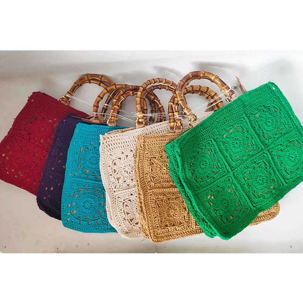 Bohemian Rope Crochet Tote Bamboo Handle Handbags National Style Knitting Shoulder Bag Hollow Travel Beach Bags for Women 2023