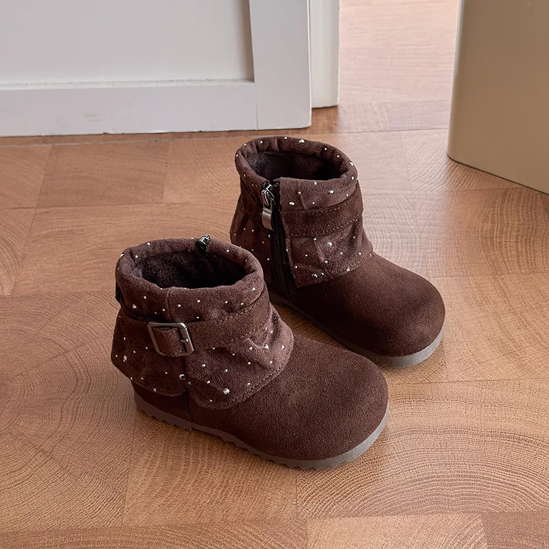 Rivet Buckle Girls Fashion Boots Autumn Winter Fleece Warm Children Ankle Shoes Zip Cotton Soft Sole Toddler Kids Boots