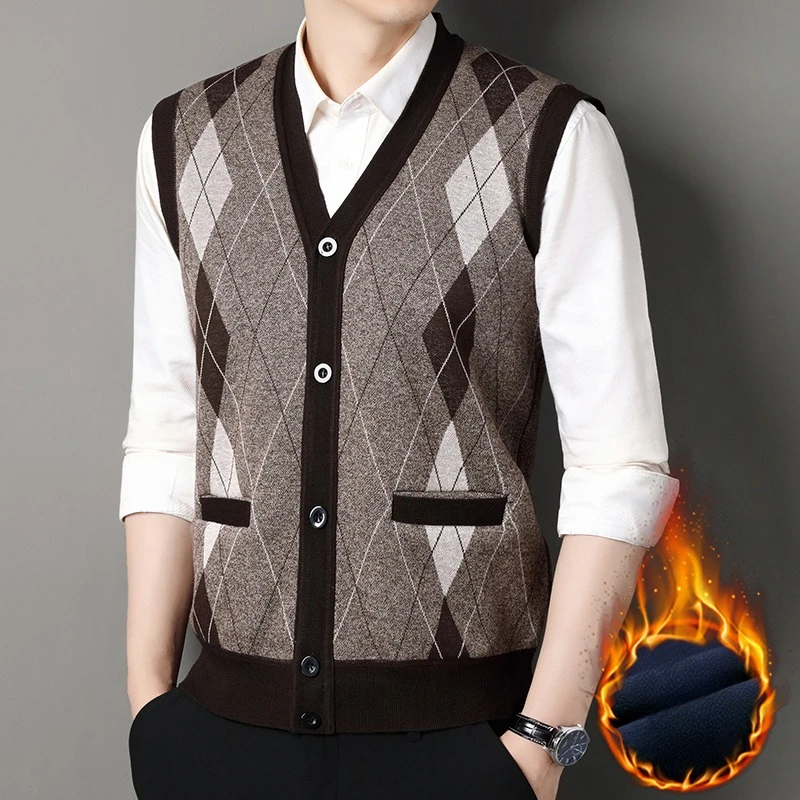 

Autumn and Winter New Men's Sweater Vest Warm and Slim Fit Knitted Vest V-neck Cardigan Sweaters for Men