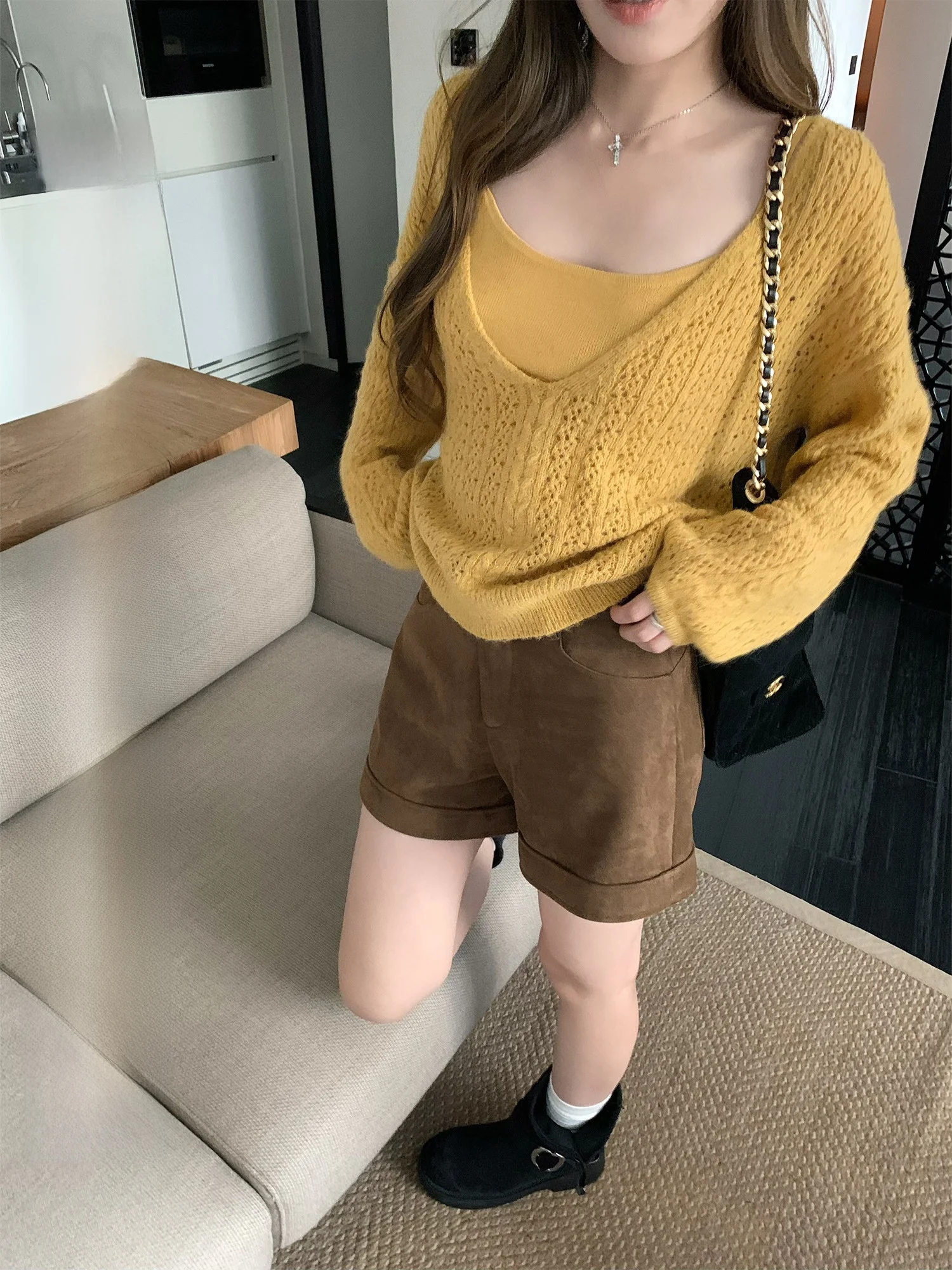 

Женские повседневные брюки Hhi из замши с высокой талией, широкими штанинами, А-силуэт, осенние, облегающие, в стиле ретро, с манжетами, для отдыха