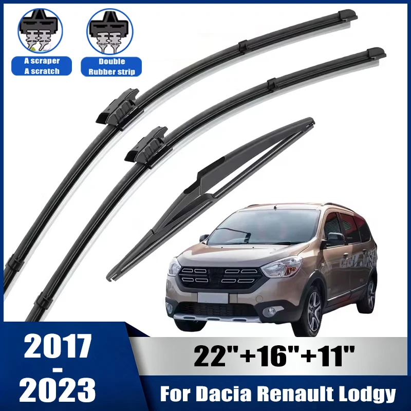 Wiper Front & Rear Wiper Blades Set For Dacia Renault Lodgy 2017-2023 Windshield Windscreen Window Brush 22''+16''+11''