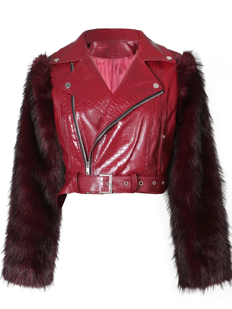 เสื้อแจ็คเก็ตหนังแต่งขนสัตว์สไตล์เซ็กซี่สำหรับผู้หญิง แบรนด์ Leosoxs รุ่นใหม่ประจำฤดูหนาว  แบบมีปก  ติดซิป  ทรงครอป  เสื้อผ้าสตรีแนวสตรีท