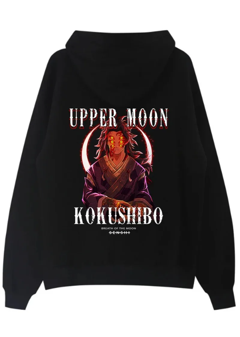 Demon Slayer Herbst/Winter Halloween Cosplay Hoodie 2025, klassischer Anime-Kokushibo-Charakterdruck, lockeres und plüschiges Kapuzenpullover