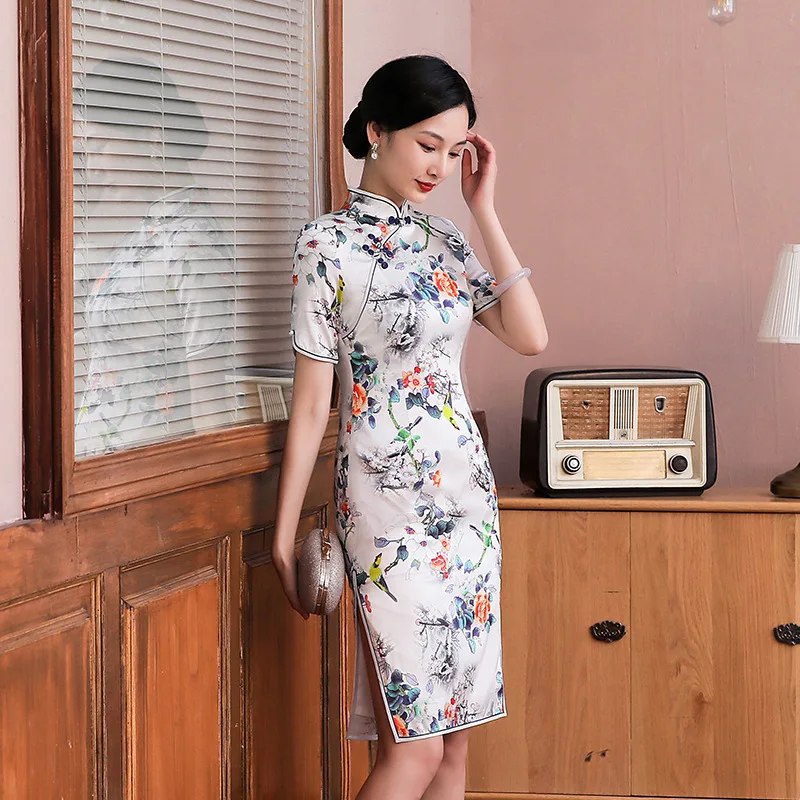 Spring and Summer New High Quality Real Silk Flower-Bird Print Short Sleeve plus Size Cheongsam Qipao Women's Dress