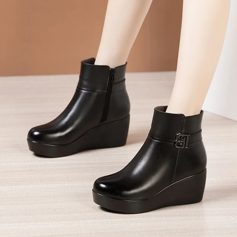 High quality short ankle wedge leather boots for women 6cm mid heel platform 32 33 34 autumn winter fashion elegant shoe black