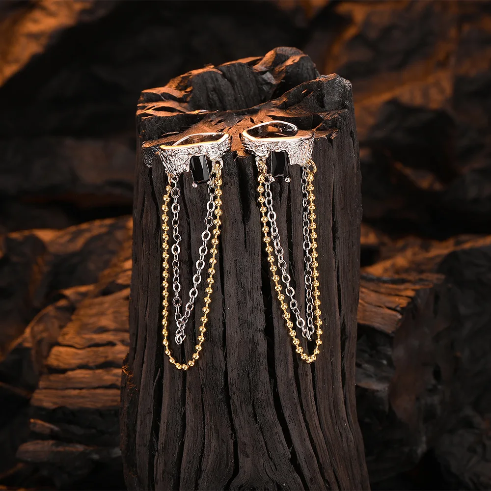 

Серьги из стерлингового серебра 925 пробы с текстурой кожи контрастного цвета, длинная цепочка, черные серьги с цирконом, подарок на день рождения