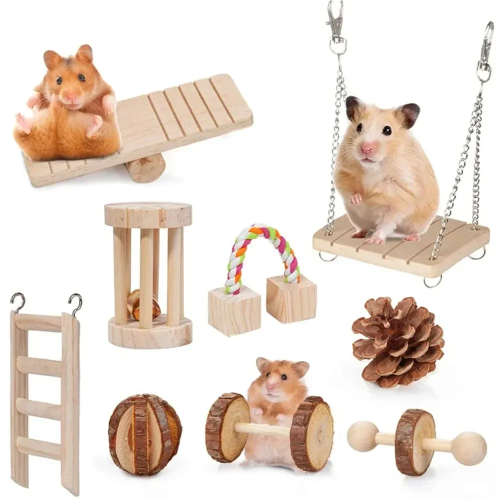 Hamster Toy Rabbit Pet Toys Hamster Set Pet Mouse Rabbit Guinea Pig Parrot Wood Combination Toy Supplies 8Pcs/10Pcs