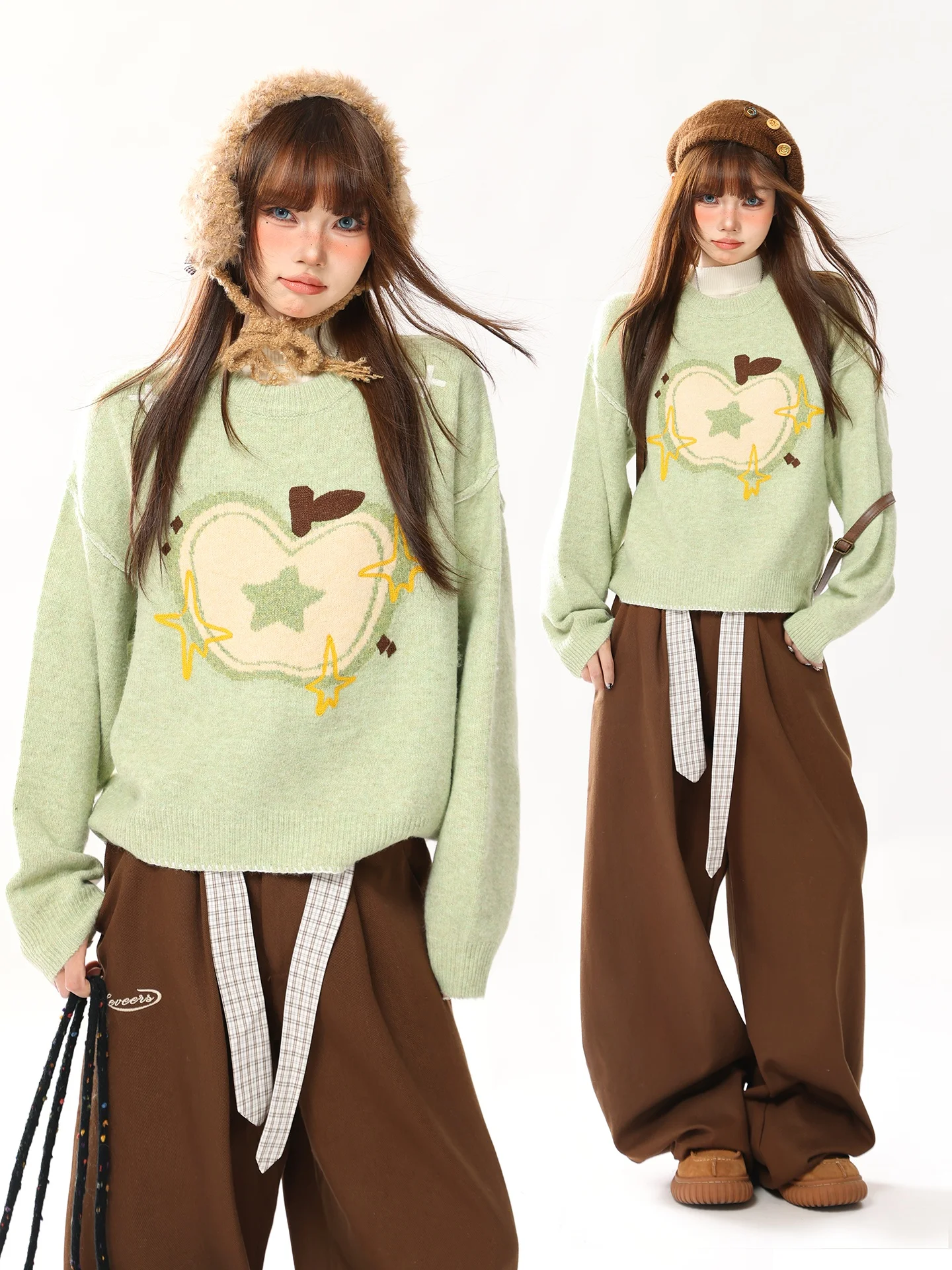 

Retro Fun Green Pattern round Neck Pullover Short Knitted Sweater Women's Loose Fit Autumn Winter New Style Knitwear