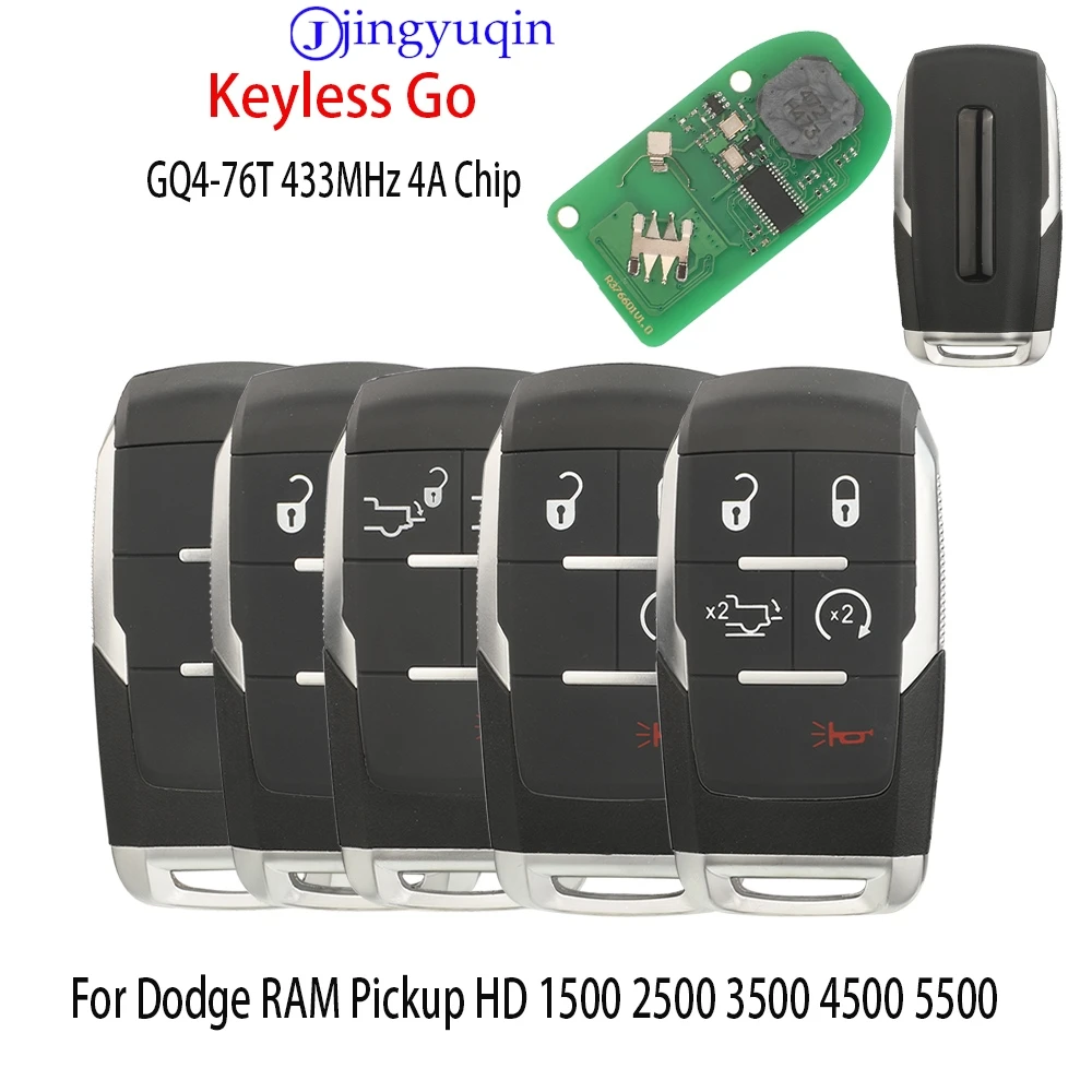 jingyuqin For Dodge RAM Pickup HD 1500 2500 3500 4500 5500 2019-2024 Remote Car Key 68374994 GQ4-76T 433MHz 4AChip Keyless Go