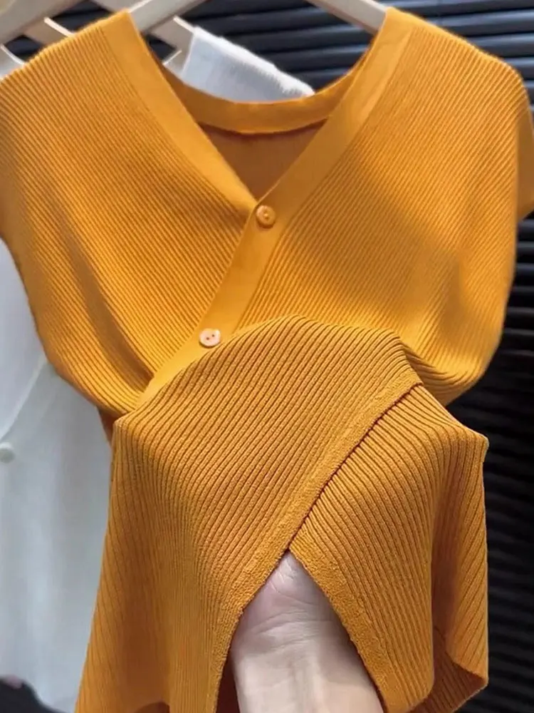 تي شيرت Ele ort Sve بقصة ضيقة باللون البرتقالي، بحاشية غير متماثلة، قميص كوري فضفاض مناسب للصيف غير رسمي #3