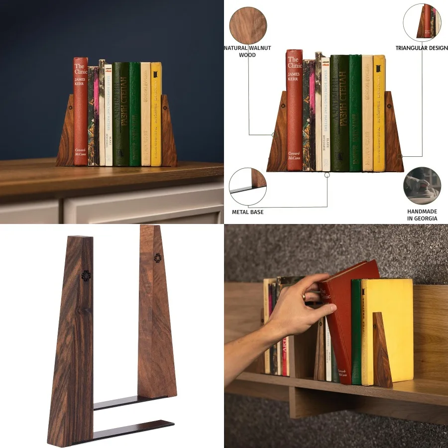 Sujetalibros de nogal para estantes, extremos de libros de madera para estantes, soportes para libros resistentes, tapones con Base de Metal para estanterías Slick Dec
