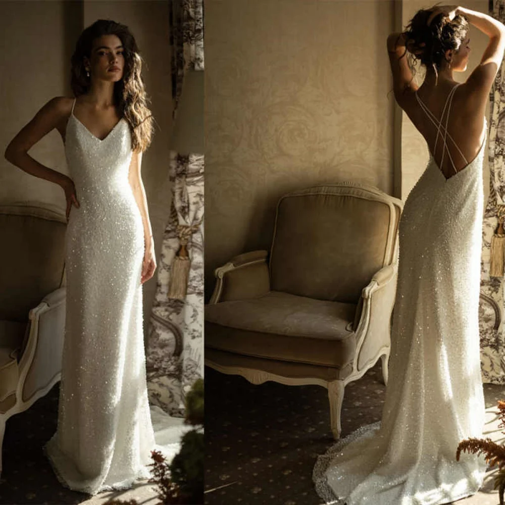 

Sparkling Wedding Dress Women's Spaghetti Sleeveless Crystal Beaded Bridal Gown Customized Vestidos De Novia