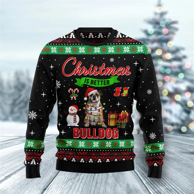 3D Print Merry Christmas Bulldog Pattern Vintage Retro Winter Ugly Sweater Men Women Harajuku Pullover Casual Funny Long Sleeves