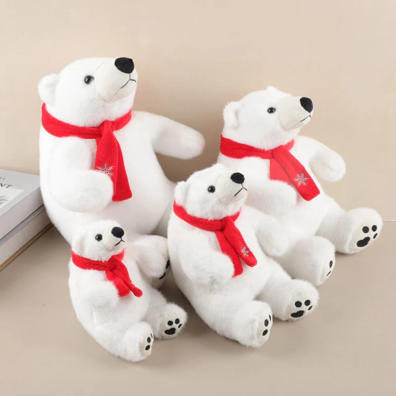 Großfüßiger Sitzender Eisbär Plüschtier mit Rotem Schal Flauschiges Gestopftes Eisbär-Kuscheltier Weiches Rundes Wildtier Zoo-Souvenir – Detail 8