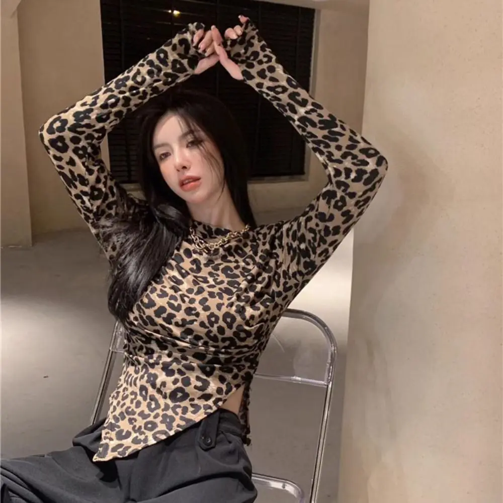 

Irregular Leopard Crop Top Bottoming Shirt Slim Fit Halter Cheesy Tops Vest Female Clothing Leopard T-Shirt Women Streetwear
