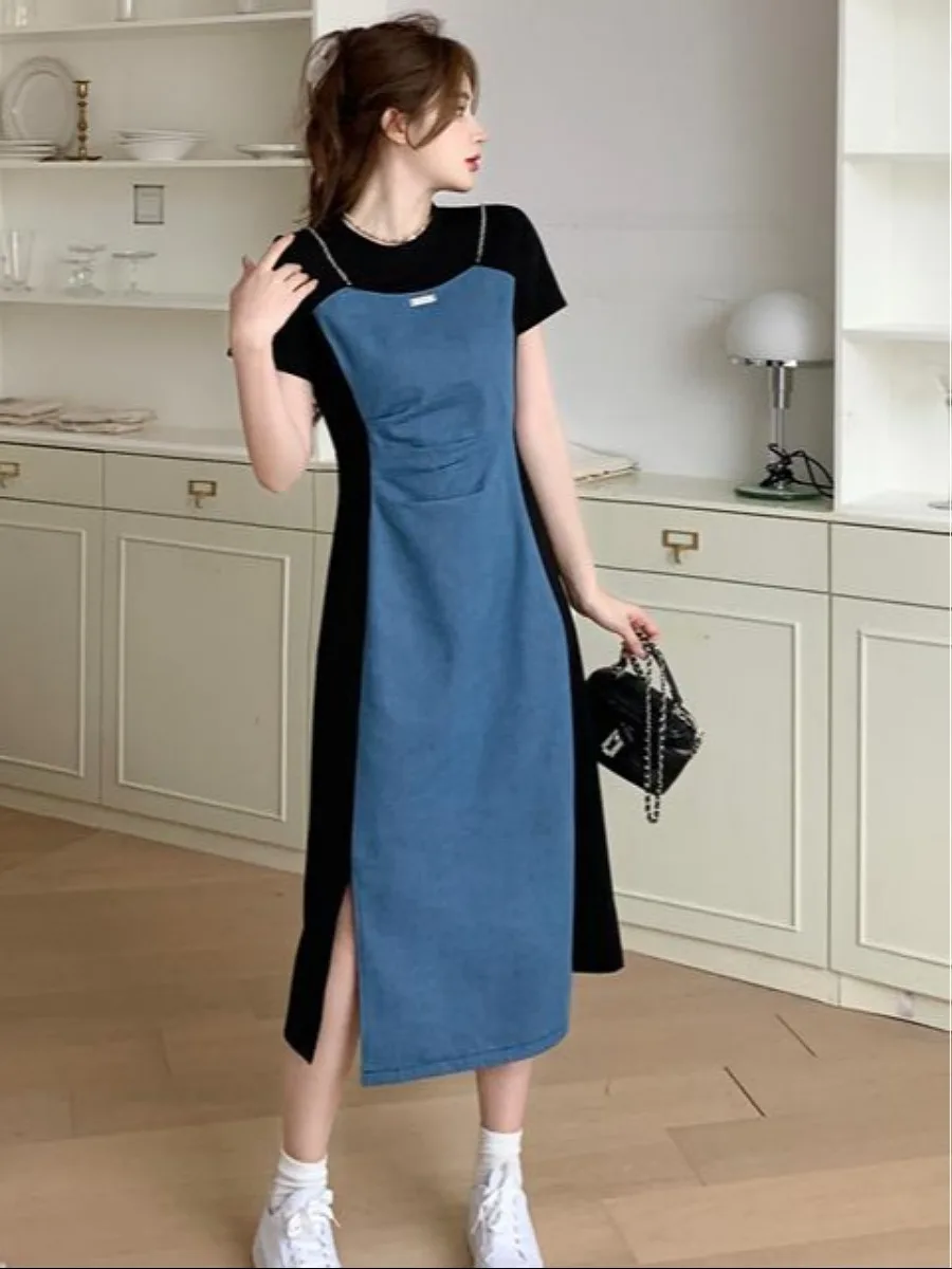 레트로 플러스 사이즈 임부복 여름 신상 하이웨이스트 슬림 스플라이스 스플릿 데님 스커트 배 가리기 A라인 드레스 한국 스타일