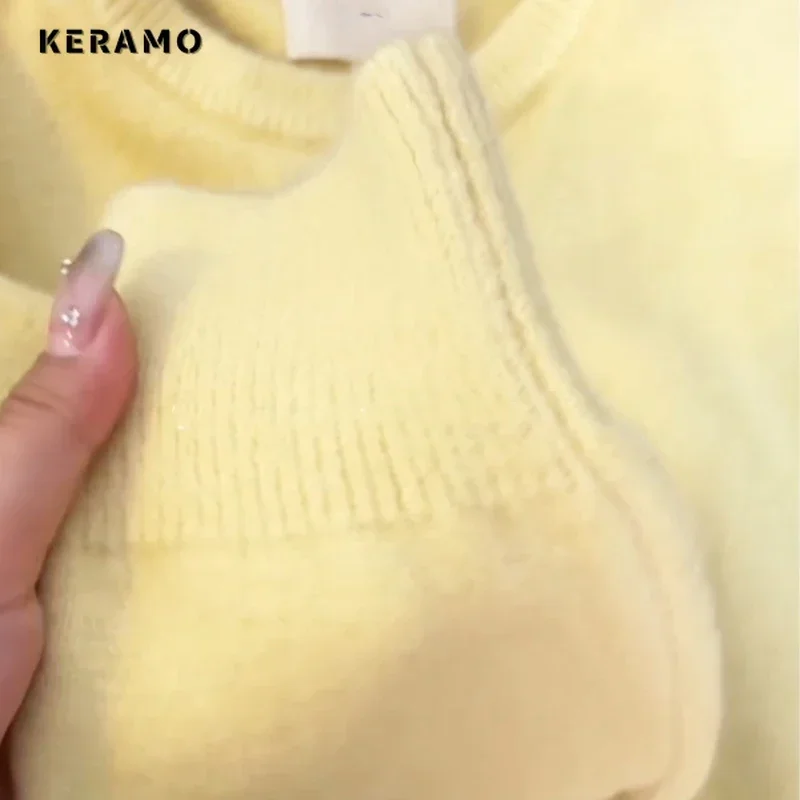 Women Luxury Sweet Knit Long Sleeve O-Neck Yellow Cardigans 2024 Winter Korean Fashion Casual Single Breasted Elegant Sweater