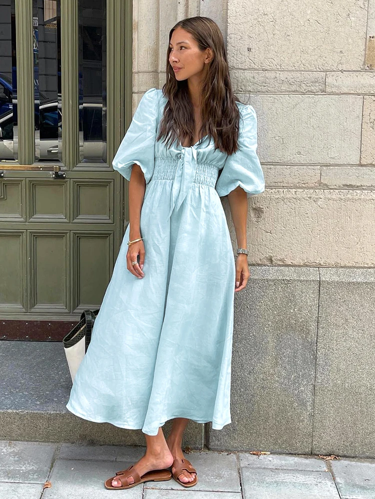 Mnealways18 Light Blue Tunic Dress Puff Sleeve Women Twist Vacation Cotton Linen Dress Ladies Boho Casual Chic Dress A-Line 2024