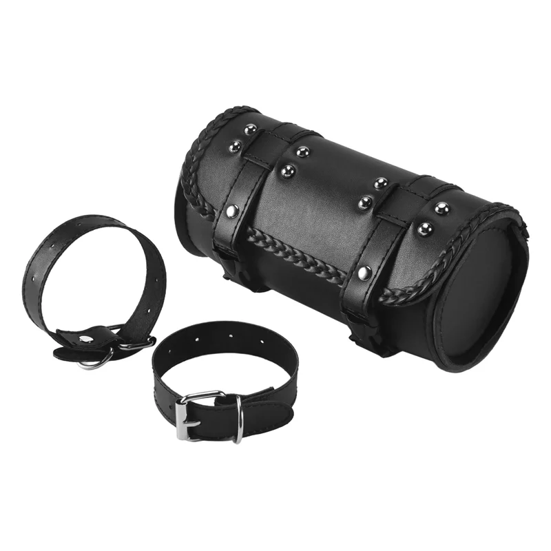 

Stable-Motorcycle Fork Bag PU Leather Bicycle Handlebar Tool Pouch Sissy Bar Roll Storage Bag Saddle Bag, Universal