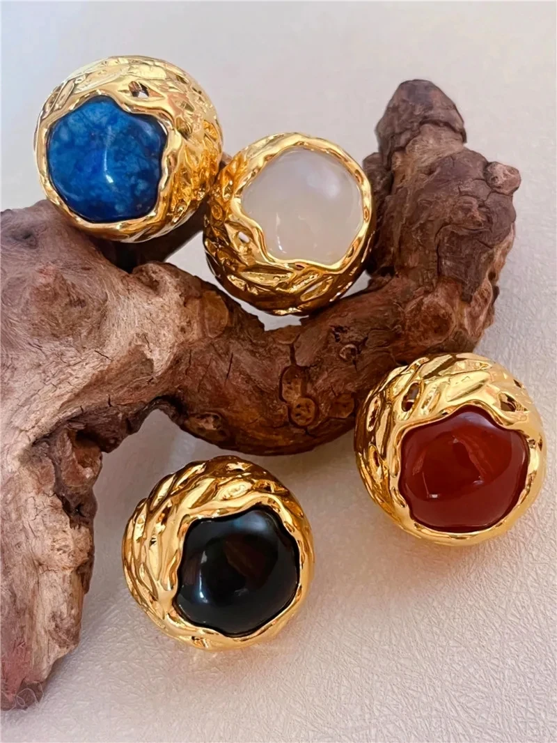 Retro  Agate Natural Stone Crystal Ring Gold Color Metal Open for Women Brass Jewelry 2024 Light Luxury European And American