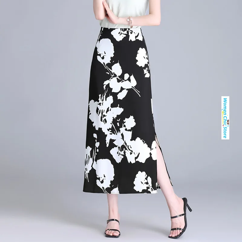 

Women High Waist Split Chic Bodycon Print Long Skirt 2024 Summer New Elegant Slim Fit Casual Midi Skirts Office Lady M-4XL 73137