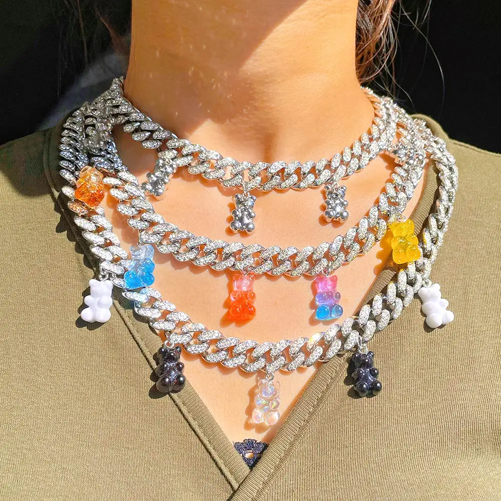 Ins Fashion Cute Colorful Crystal Acrylic Bear Pendant Cuban Necklace for Women Iced Out Cuban Link Chain Necklace Girl Jewelry