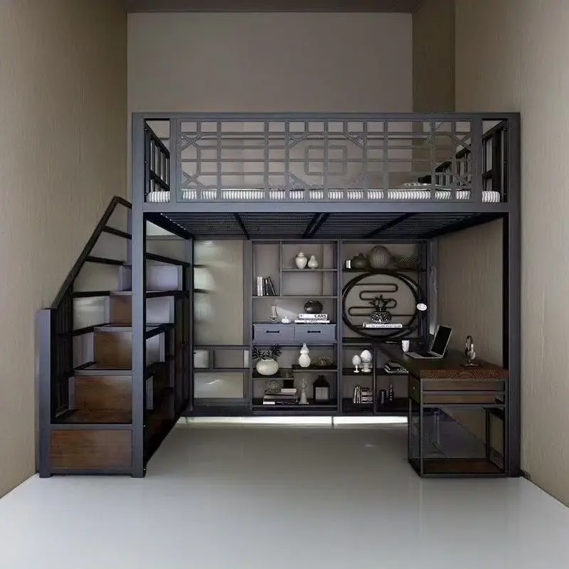 سرير من الحديد المطاوع على الطراز الصيني الجديد، إطار حديدي عتيق، ملاءة سرير مرتفعة من النوع العلوي