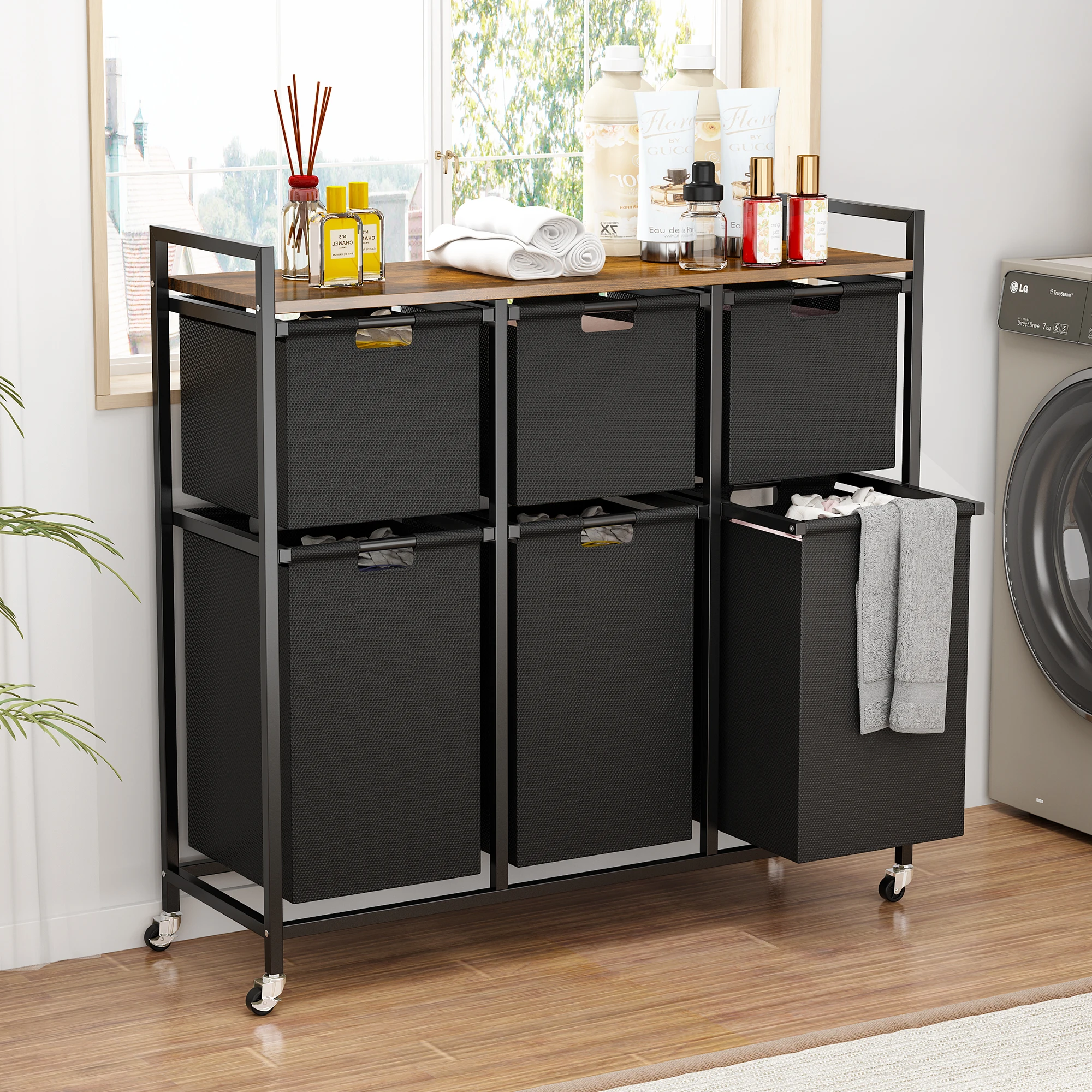 Metal Modern Rolling Laundry Basket with Wheels Large Capacity Desktop Organizer with 6 Pull-Out Laundry Bags