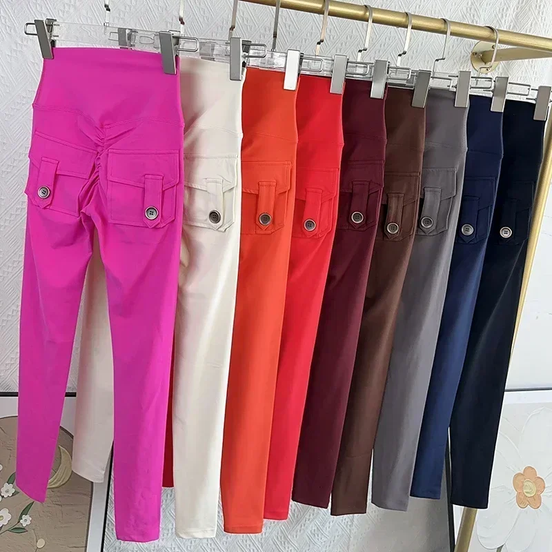 

High Waist Women's Nylon Yoga Leggings With Buttocks Pocket Spandex Sports Fitness Pants Breathable Hip Lifting