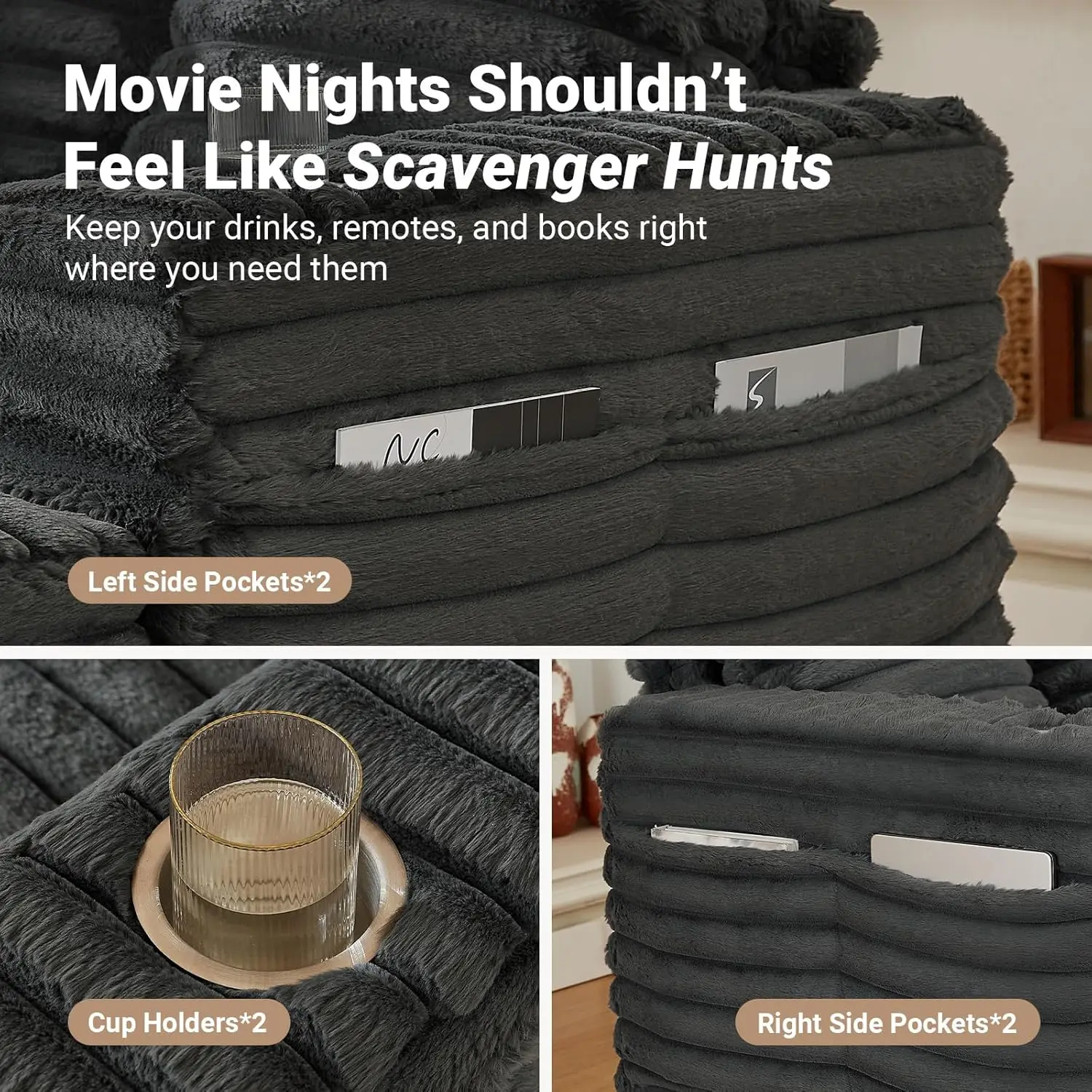 Chaise Lounge de 64 pulgadas para interiores, sillón de gran tamaño con estructura de madera, sofá cama tapizado para sala de estar, sala de películas