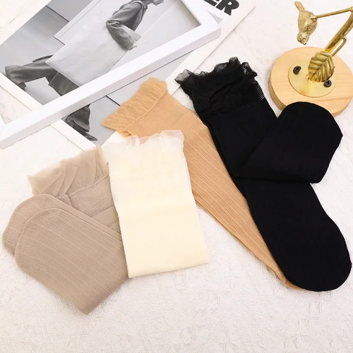 Imagen 2 del producto Calcetines de malla transparente para mujer, medias de seda de cristal fino, encaje sólido, elástico, Sexy, ultrafino, Verano