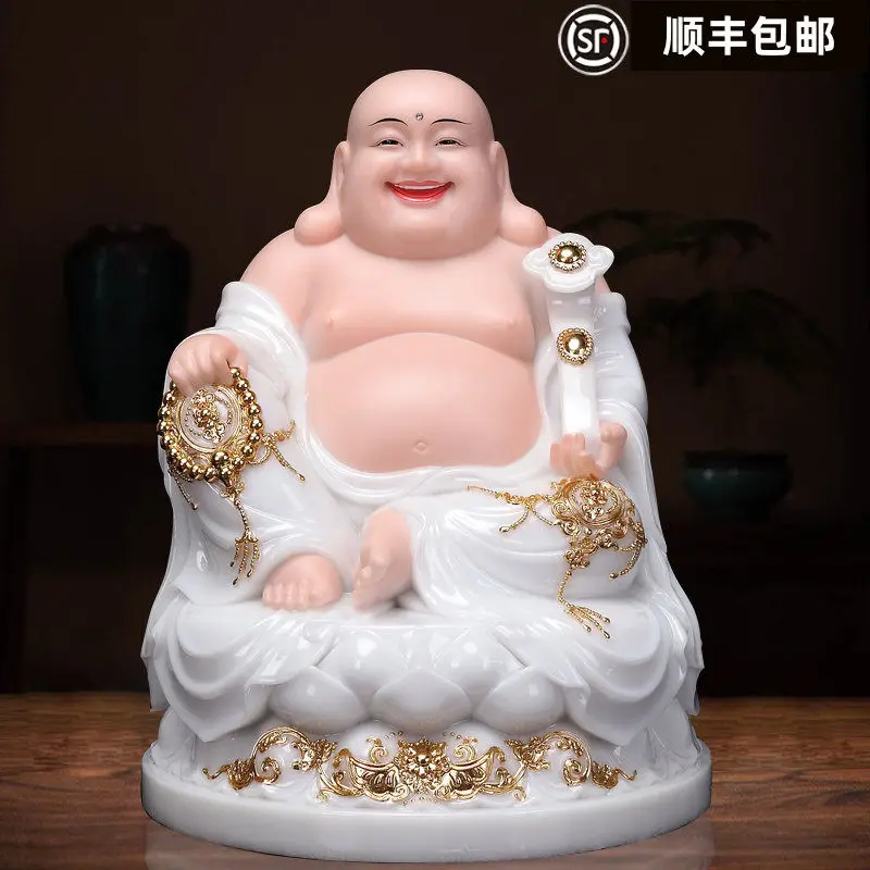 XL Maitreya Buddha Bodhisattva Big Belly Maitreya Buddha White Marble Stone Carving Lucky Laughing Buddha