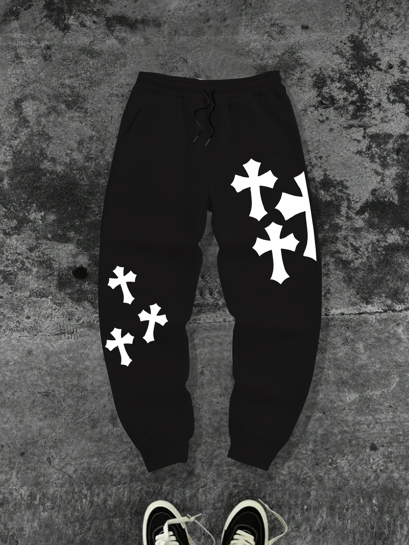Dark Multi‑Cross Streetwear Graphic Men Sweatpants, Adjustable Drawstring Waist, Loose Fit Hip Hop Daily Street Jogger Trousers