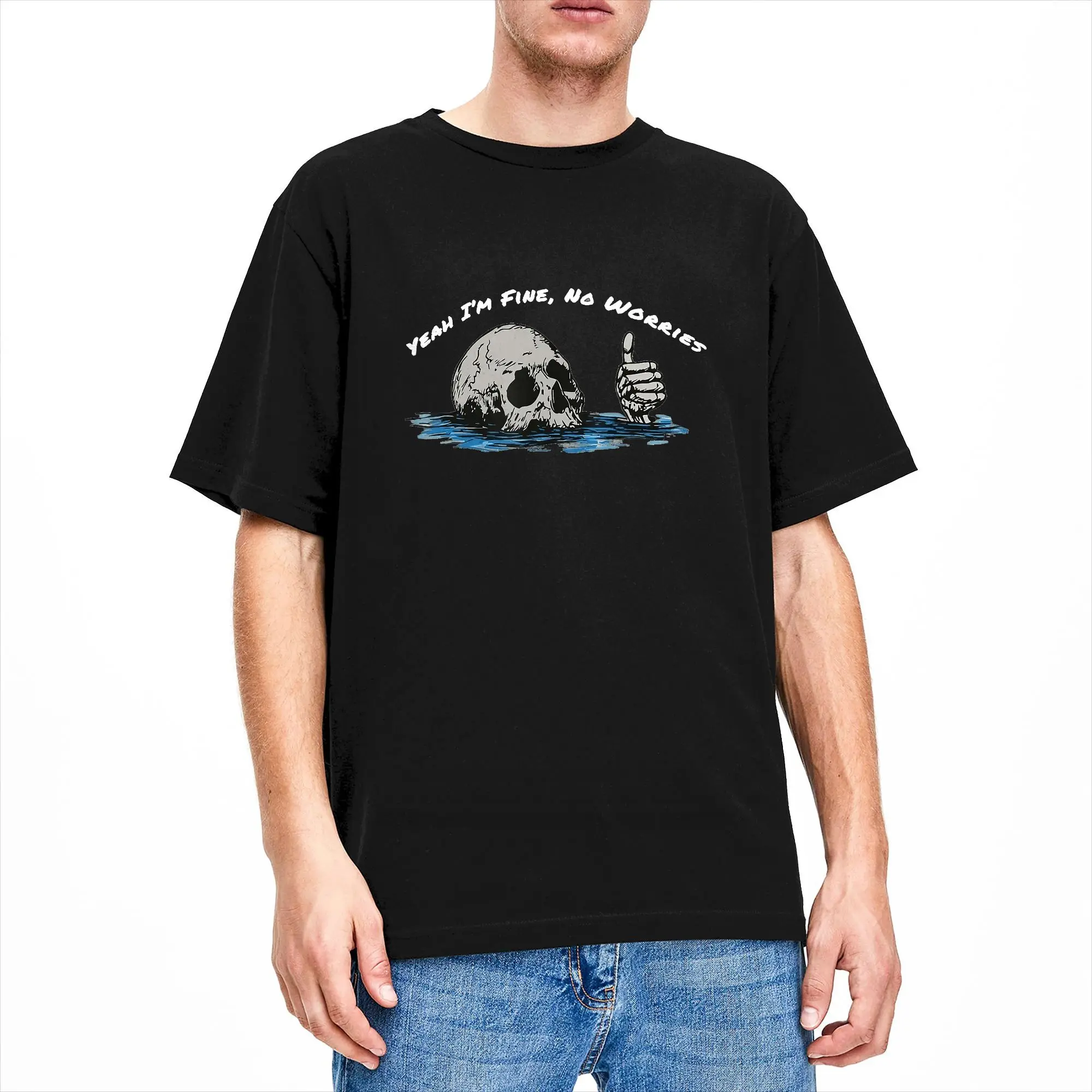 Yeah I m Fine No Worries Skull Vintage Humor Quote T Shirts for Men Cotton Leisure T-Shirts Round Neck  Tees Short Sleeve Tops
