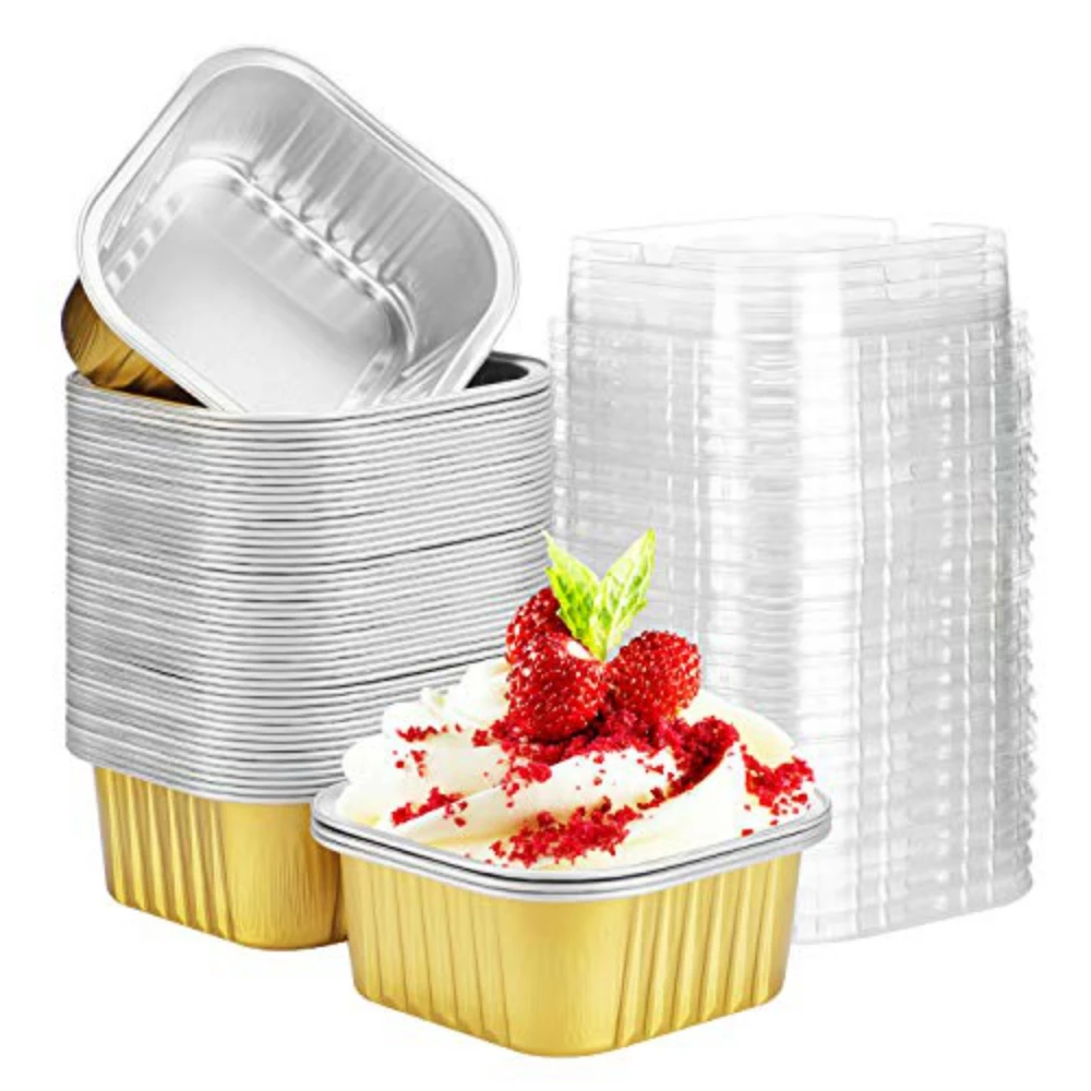 20pcs 10oz Aluminum Foil Square Ramekins Cupcake Baking Cups with Lids Disposable Cake Cups Containers Wrappers, Dessert Cups