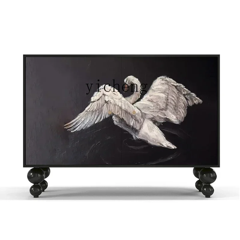 i10.10-ZC Retro Style Black Cabinet Living Room Home Curio Cabinet White Swan Art Solid Wood Storage Entrance Cabinet