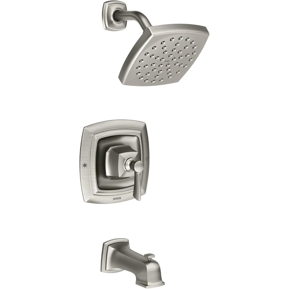 Spot Resist Brushed Nickel Bathroom Tub and Shower Trim Kit featuring Square Showerhead, Shower Handle