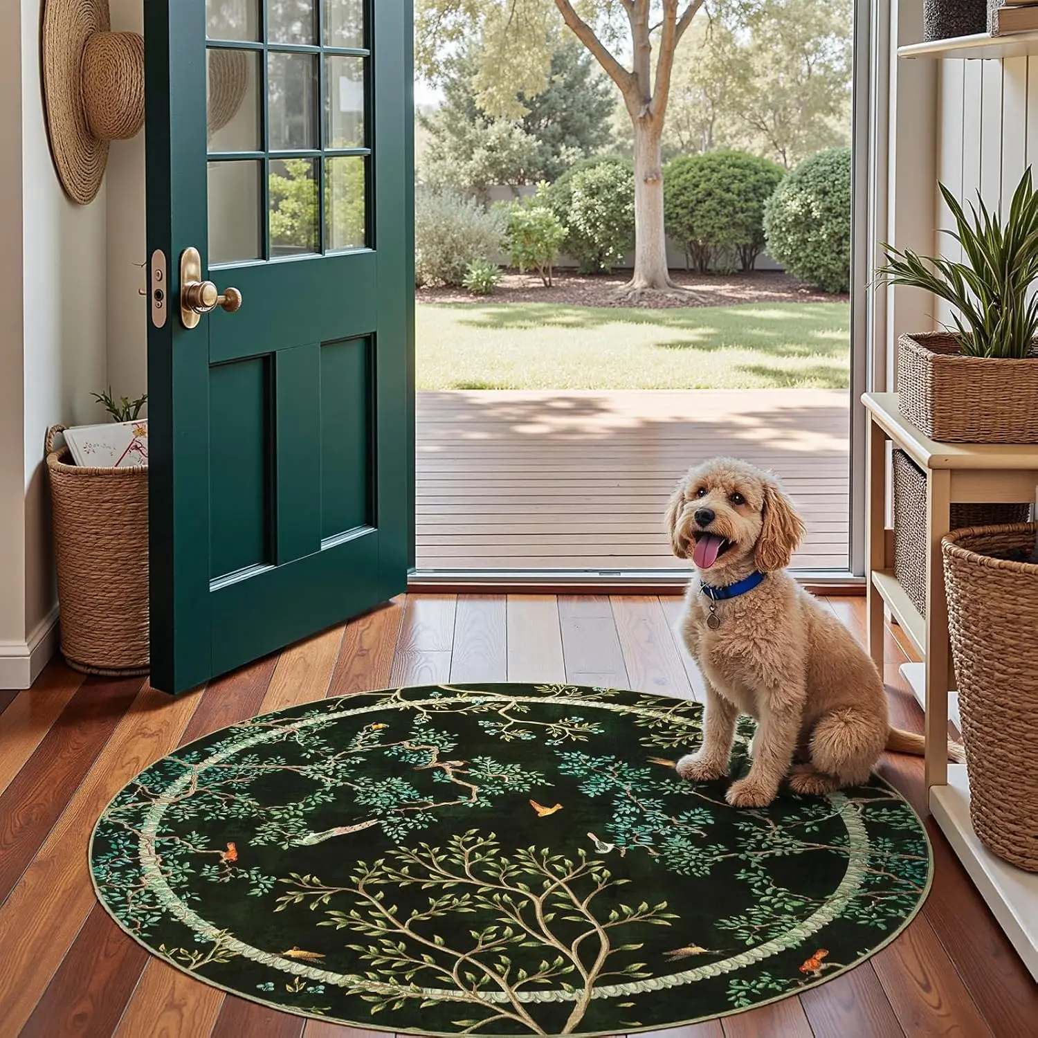 Forest Bird Tree Round Rug Dark Green Base with Delicate Branches for Entryway
