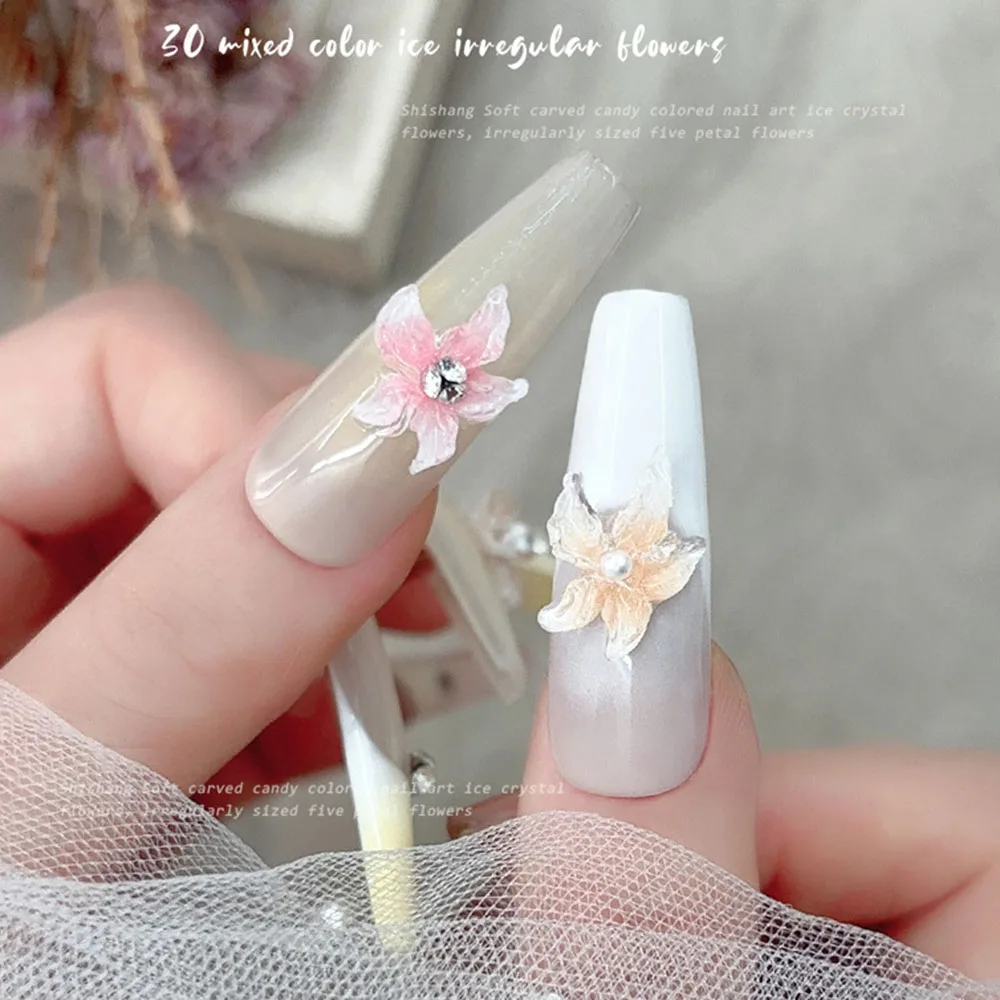 50PCS Eis Kristall Blume Nail art Charms 3D Acryl Blütenblatt Blume Maniküre Dekor Teile 10*15mm gemischte Farbe DIY Liefert Drücken Auf