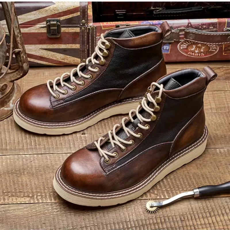 Handmade British Men Winter Shoes Vintage Top Quality Cow Leather Ankle Designer Lace-up Round Toe Boots Desert Motorcycle Boots