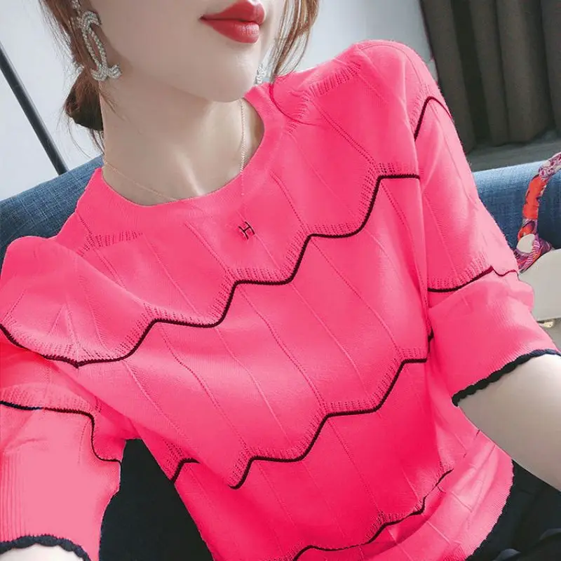 Fashion O-Neck Knitted Spliced Loose Striped Blouse Women\'s Clothing 2023 Spring New Casual Pullovers Short Sleeve Korean Shirt